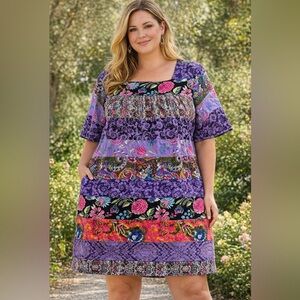 La Cera Floral Patchwork Purple Midi Dress 100% Cotton XL with Pockets Boho NWT